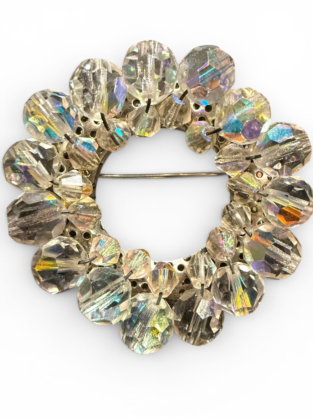 Vintage Women Clear Aurora Borealis Crystal Wreath Brooch Statement Pin